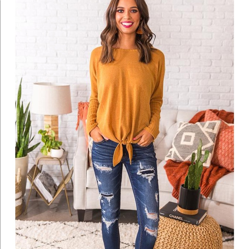 Cozy tie front sweater in mustard